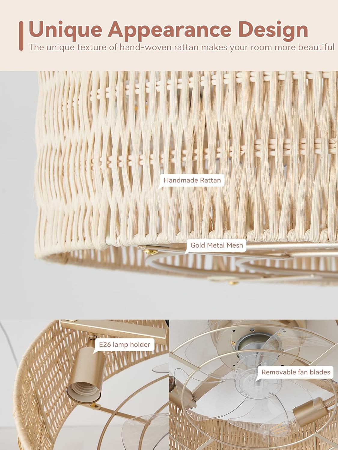 Low Profile Ceiling Fans with Lights, 20 Boho Rattan Ceiling Fan with Light Flush Mount and Remote Control, Drum Caged with 6 Speeds for Bedroom, Nursery, Living Room (Beige)